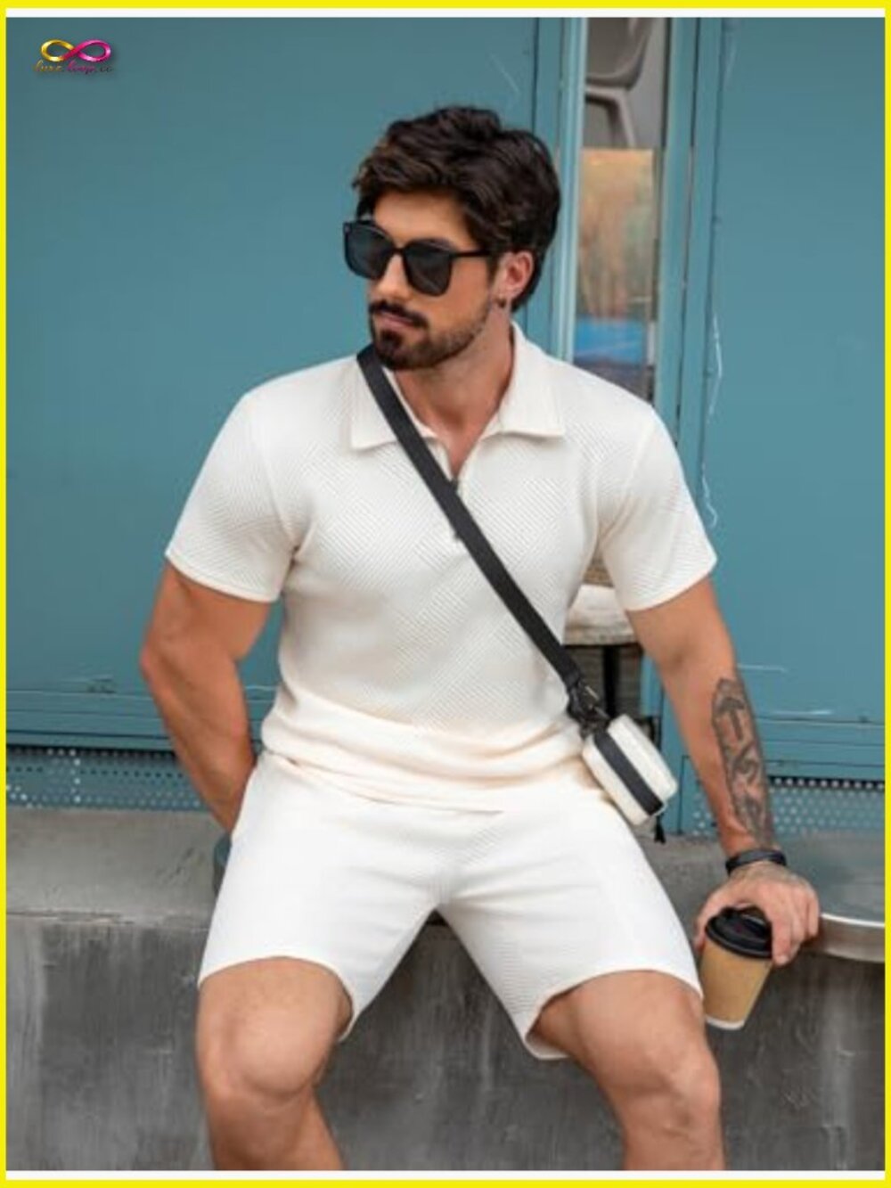 Men's Polo Shirt and Shorts Set Zipper 2 Piece Outfits Casual Athleisure Summer - Picture 3 of 7